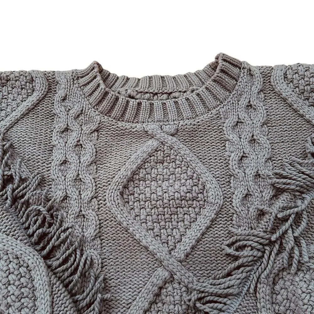 Anthropologie Line + Dot Jasper Fringe Sweater Oversized Gray Cable Knit Boho L